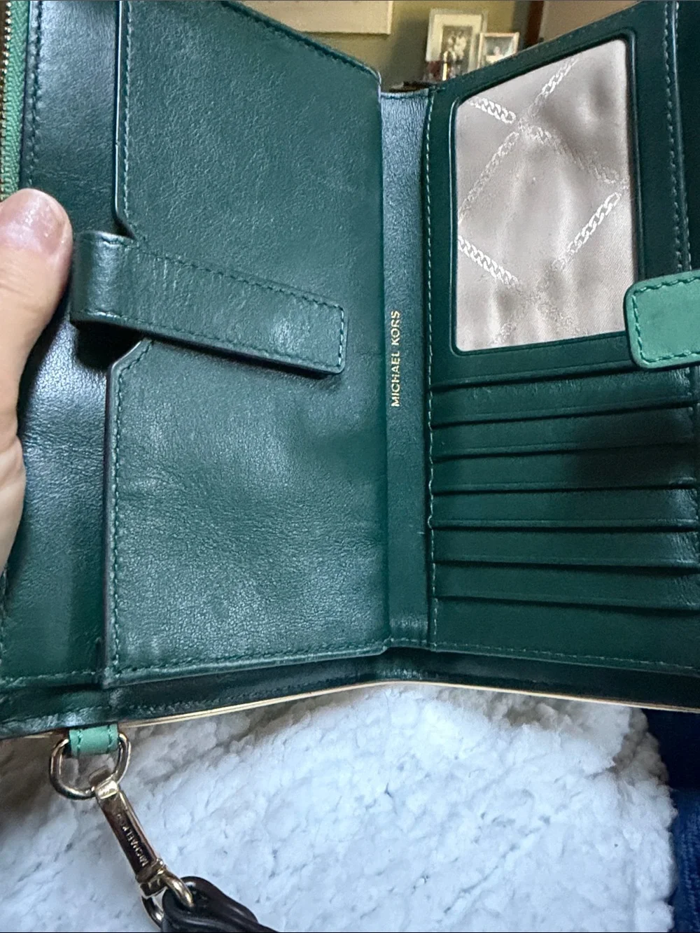 Michael Kors Cell Phone Two-Tone Green Leather Zip Wallet with Gold Hardware